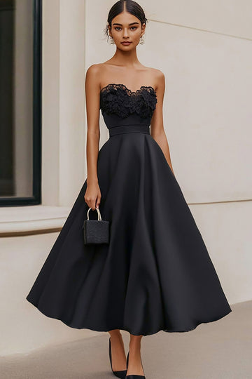 Strapless Satin Appliqued A Line Black Tie Dress